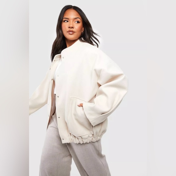 BOOHOO Wool Look Oversized Bomber Jacket - Cream (Sz 10) - Picture 1 of 6